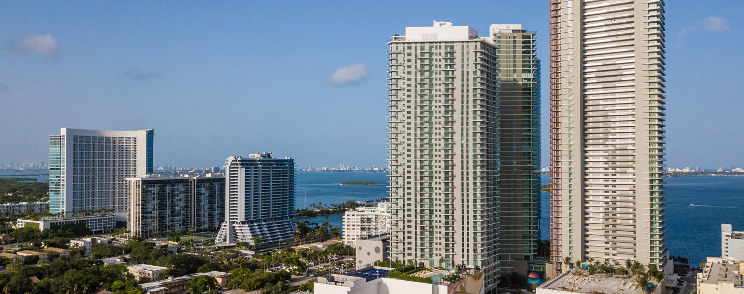 Edgewater Miami skyline aerial view with Paraiso Bay in the foreground