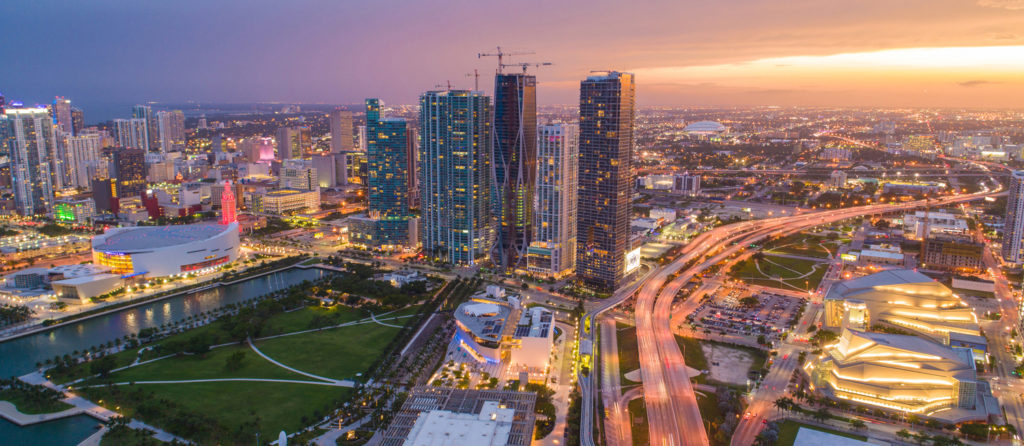 Amazing aerial photo of Downtown Miami after sunset twilight colors